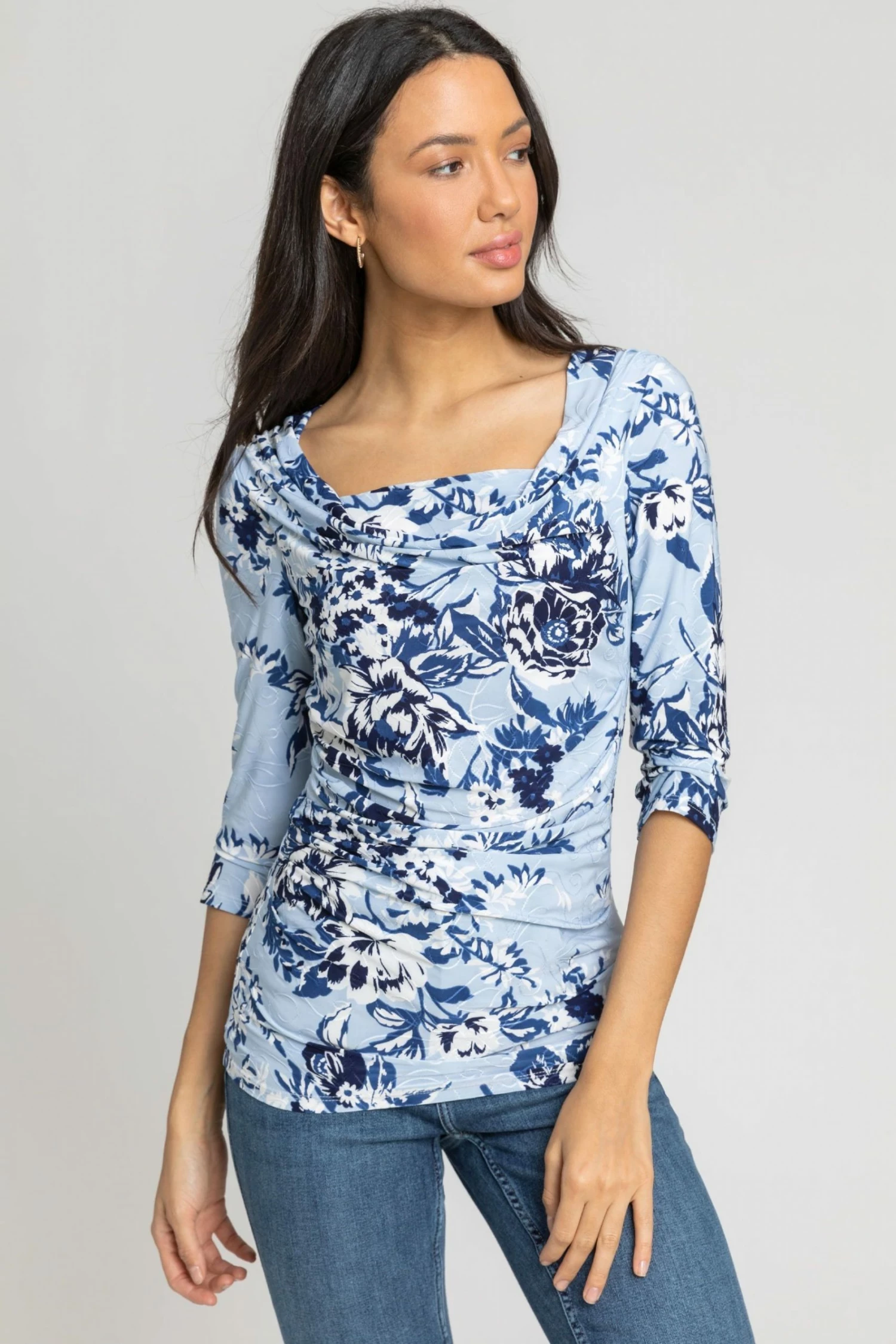 Roman Blue Floral Print Cowl Neck Top 3 Roman Blue Floral Print Cowl Neck Top