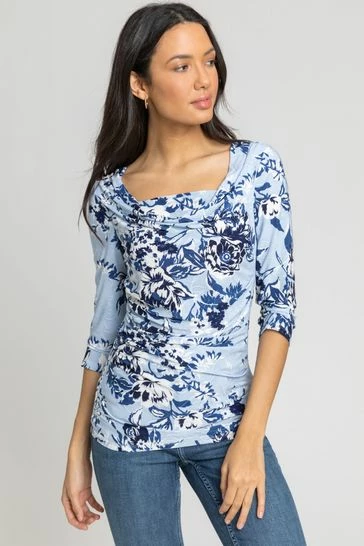 Roman Blue Floral Print Cowl Neck Top 7 Roman Blue Floral Print Cowl Neck Top - Image 5