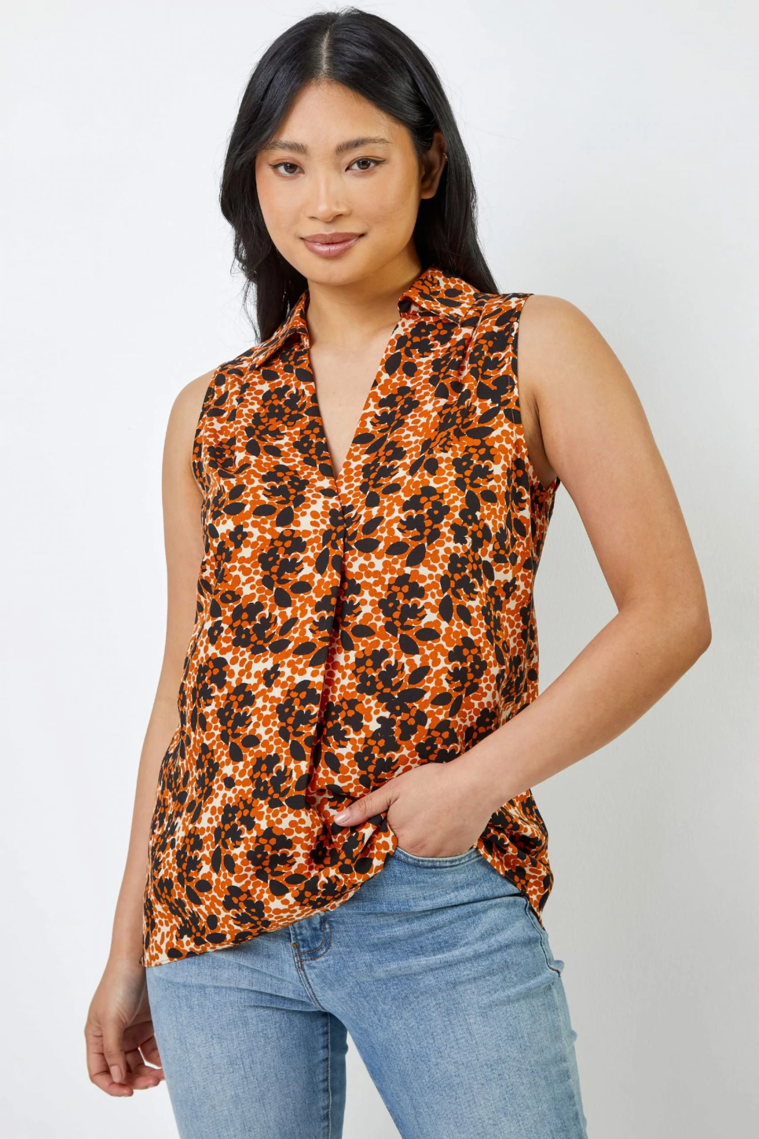 Roman Brown Petite Animal Print Shirt Collar Top 3 Roman Brown Petite Animal Print Shirt Collar Top
