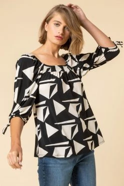Roman Black Geo Print Square Neck Top