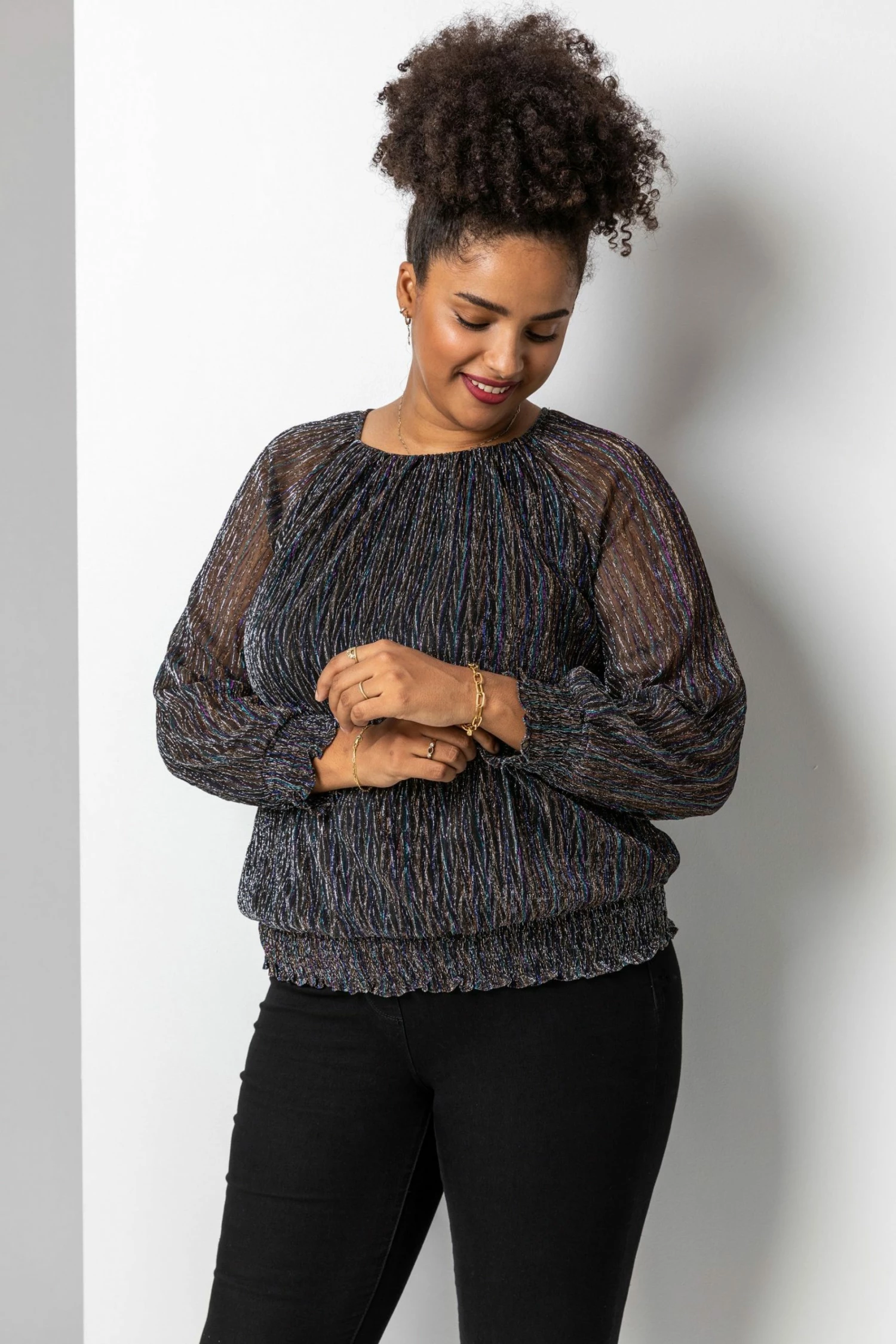 Roman Black Bronze Curve Foil Shimmer Plisse Top 3 Roman Black Bronze Curve Foil Shimmer Plisse Top