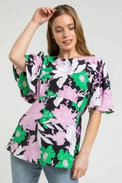 Roman Black Petite Floral Print Angel Sleeve Top
