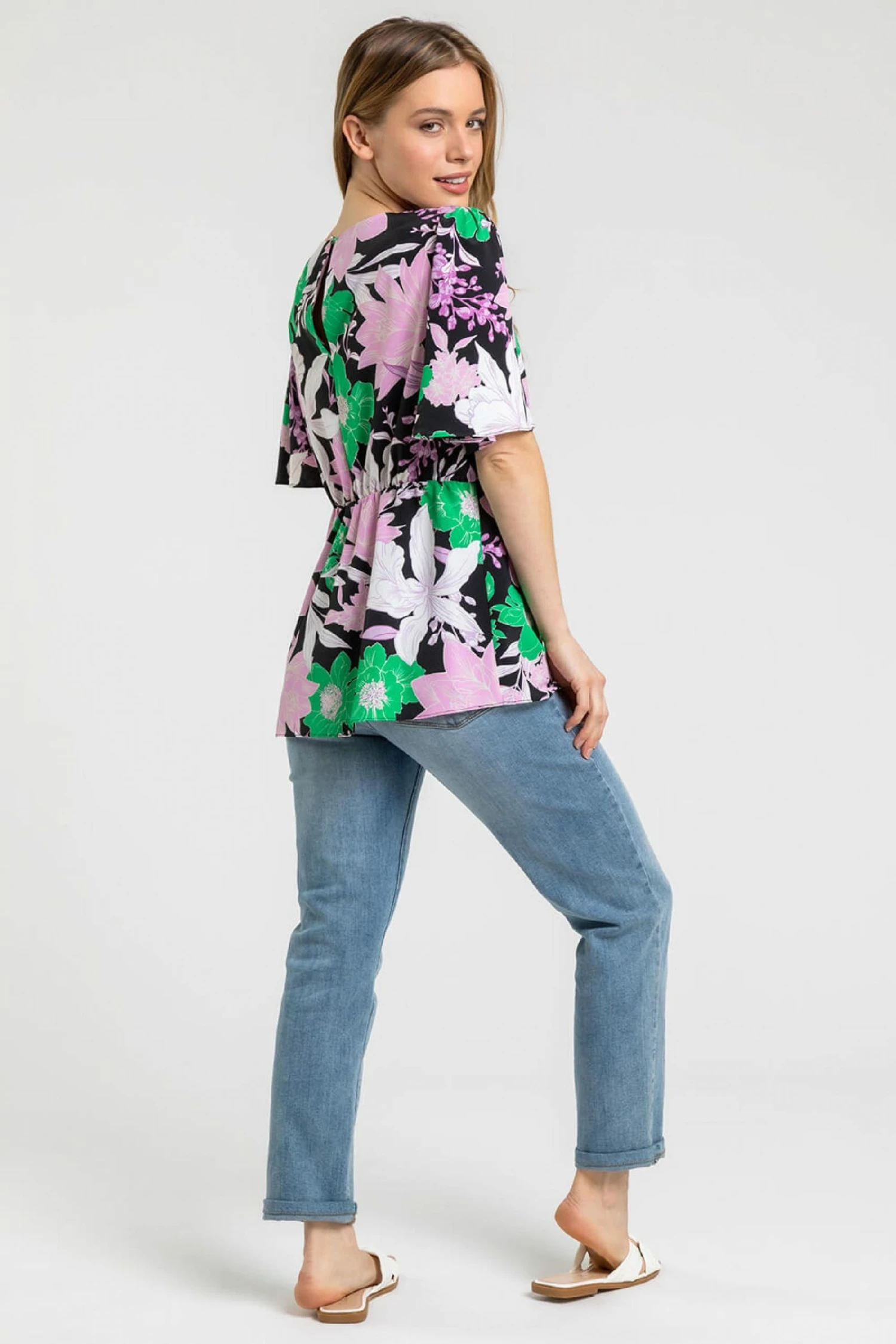 Roman Black Petite Floral Print Angel Sleeve Top 4 Roman Black Petite Floral Print Angel Sleeve Top - Image 2