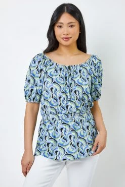 Roman Blue Petite Swirl Print Shirred Waist Top