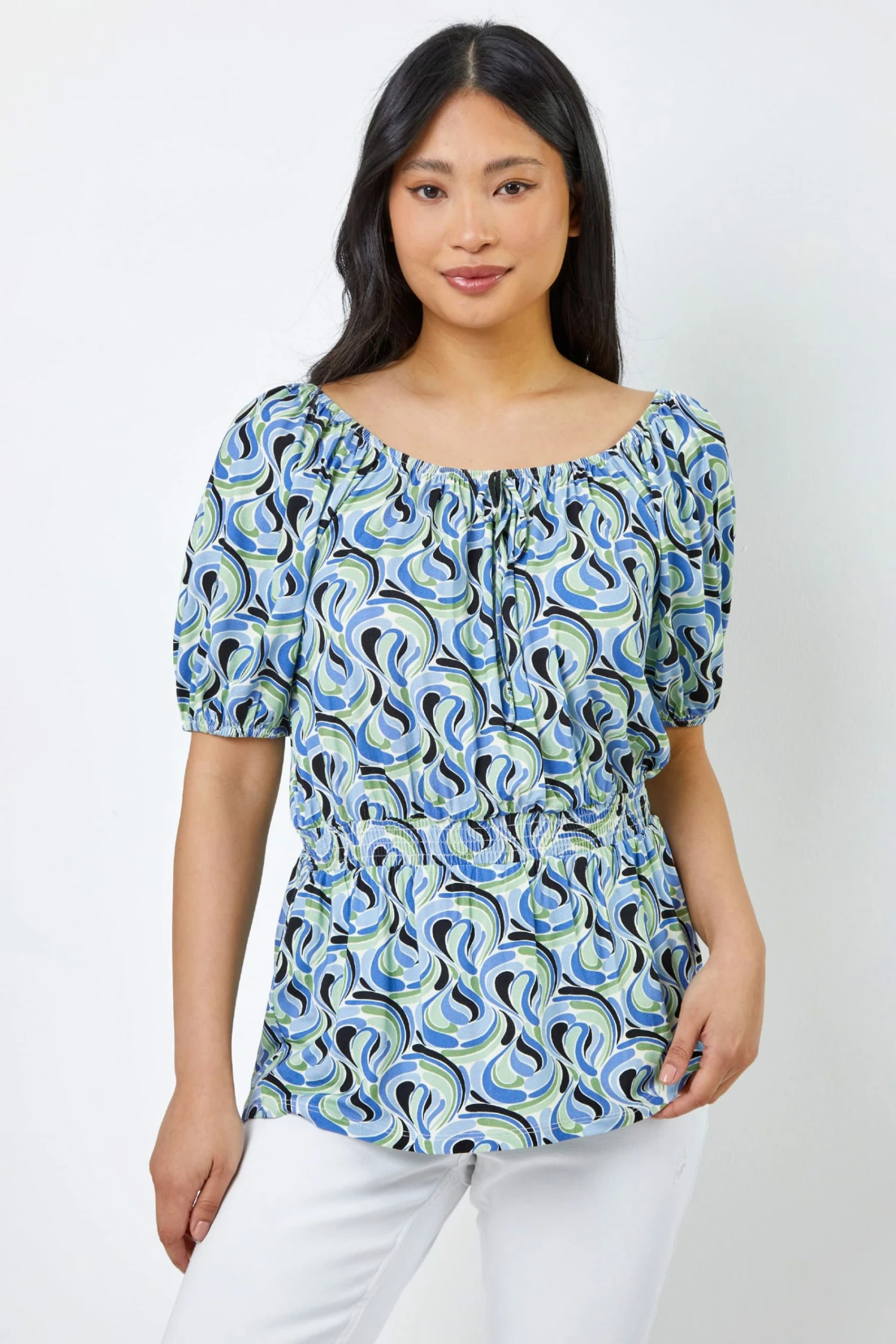 Roman Blue Petite Swirl Print Shirred Waist Top 3 Roman Blue Petite Swirl Print Shirred Waist Top
