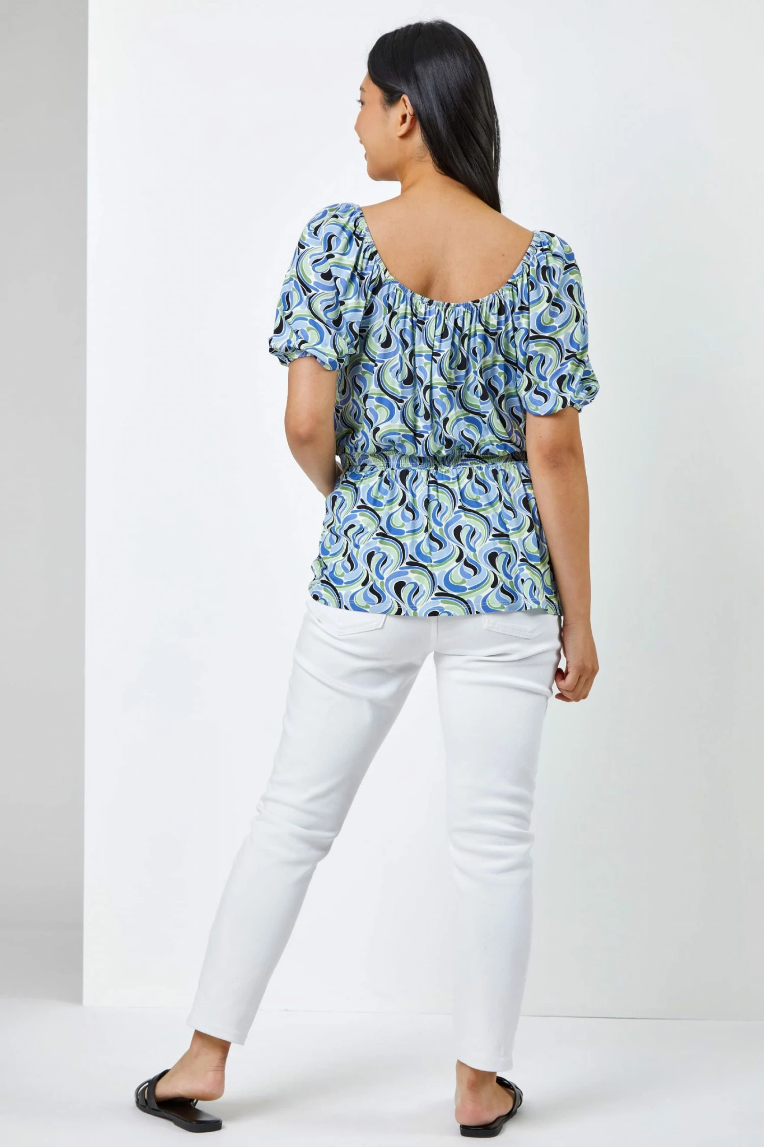 Roman Blue Petite Swirl Print Shirred Waist Top 4 Roman Blue Petite Swirl Print Shirred Waist Top - Image 2