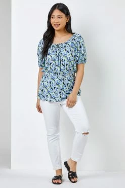 Roman Blue Petite Swirl Print Shirred Waist Top 9 Roman Blue Petite Swirl Print Shirred Waist Top -Roman Sales Shop unnamed file 7331