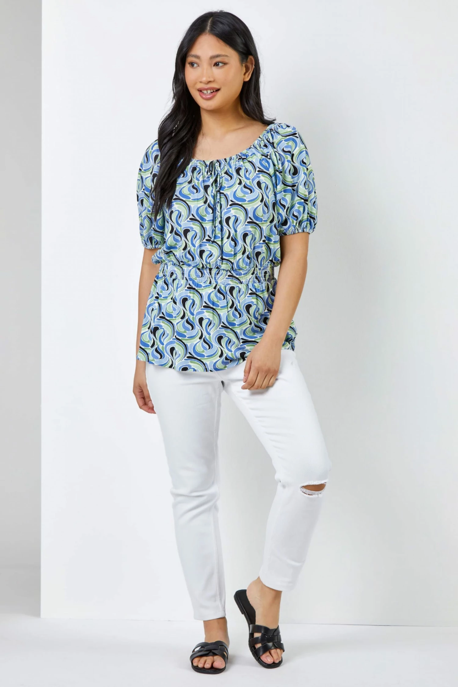 Roman Blue Petite Swirl Print Shirred Waist Top 5 Roman Blue Petite Swirl Print Shirred Waist Top - Image 3