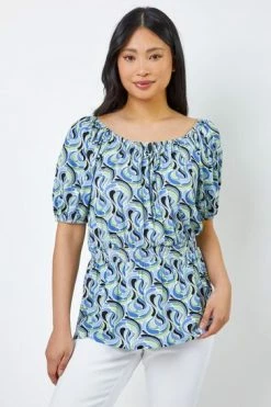 Roman Blue Petite Swirl Print Shirred Waist Top 11 Roman Blue Petite Swirl Print Shirred Waist Top -Roman Sales Shop unnamed file 7333