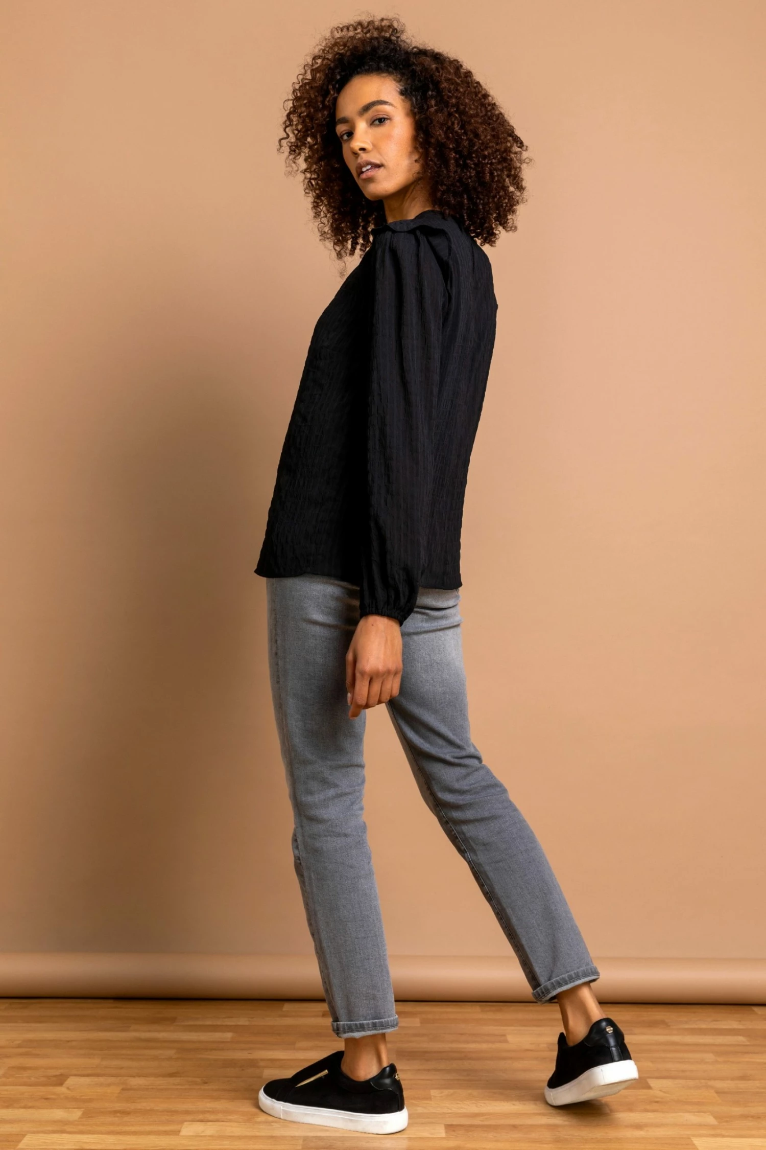 Roman Black Textured Check Frill Detail Blouse 4 Roman Black Textured Check Frill Detail Blouse - Image 2