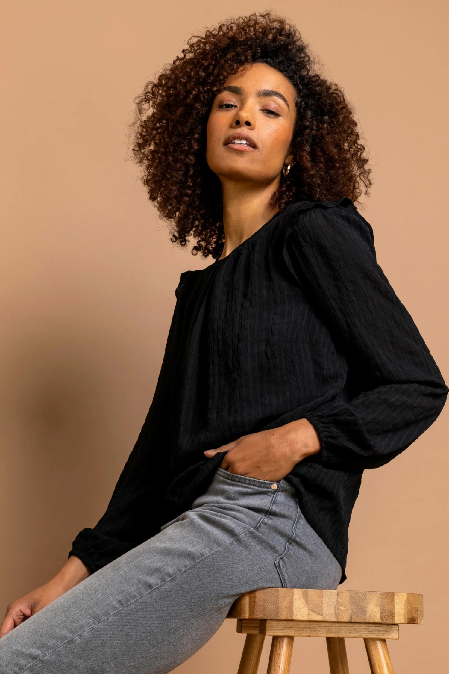 Roman Black Textured Check Frill Detail Blouse 6 Roman Black Textured Check Frill Detail Blouse - Image 4