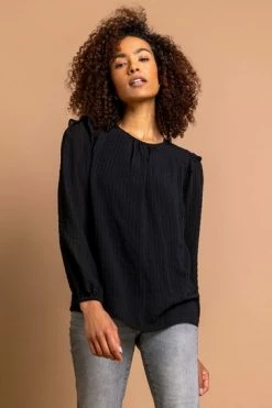 Roman Black Textured Check Frill Detail Blouse 14 Roman Black Textured Check Frill Detail Blouse -Roman Sales Shop unnamed file 7339