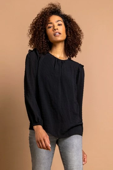 Roman Black Textured Check Frill Detail Blouse 8 Roman Black Textured Check Frill Detail Blouse - Image 6