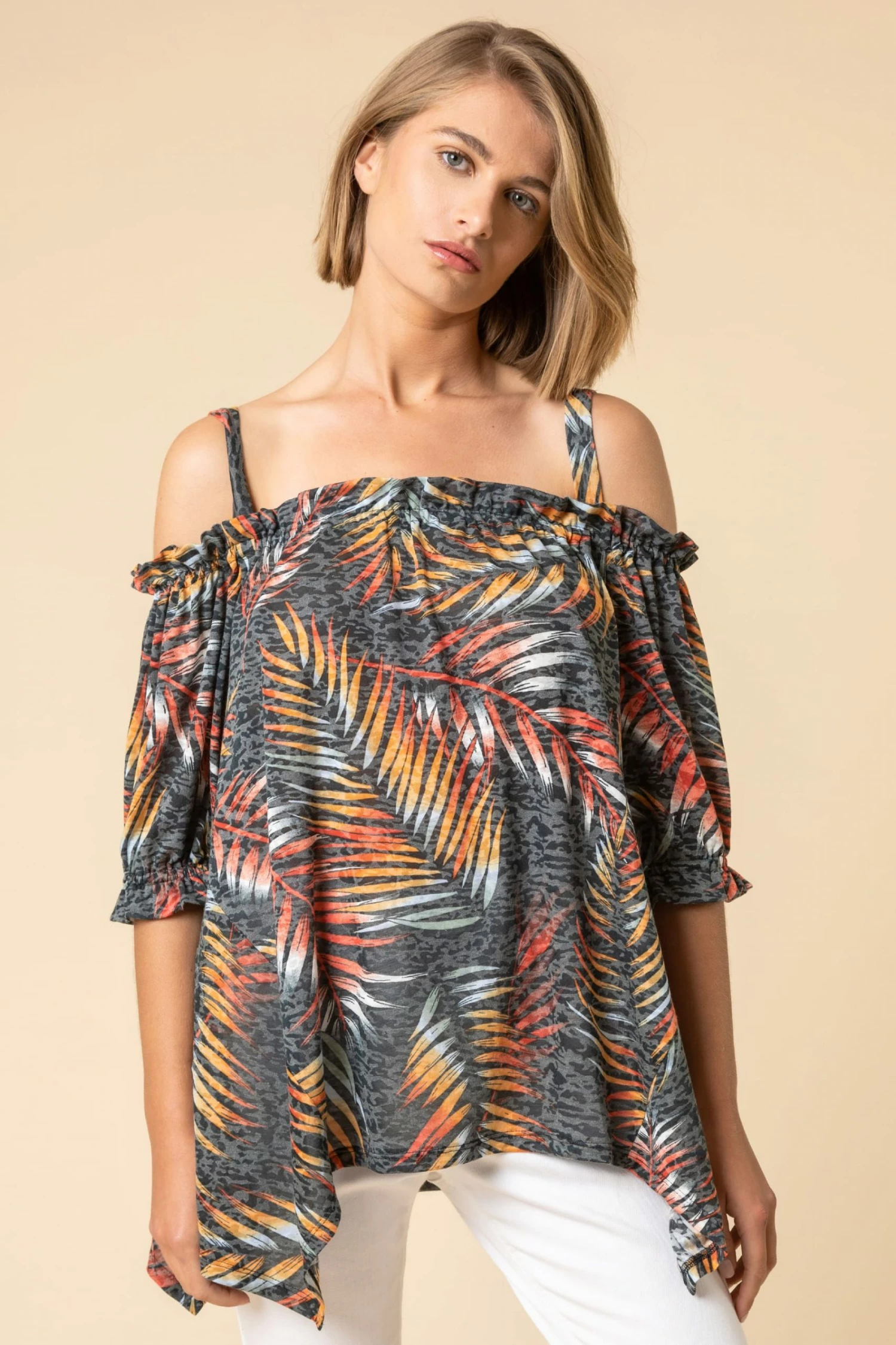 Roman Black Tropical Leaf Print Cold Shoulder Top 3 Roman Black Tropical Leaf Print Cold Shoulder Top