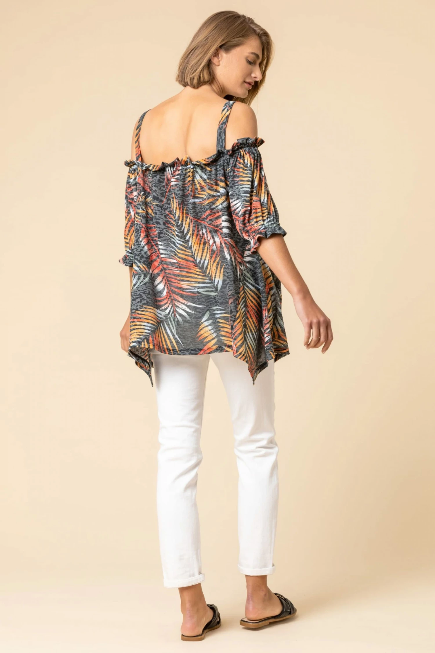 Roman Black Tropical Leaf Print Cold Shoulder Top 4 Roman Black Tropical Leaf Print Cold Shoulder Top - Image 2