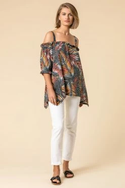 Roman Black Tropical Leaf Print Cold Shoulder Top 9 Roman Black Tropical Leaf Print Cold Shoulder Top -Roman Sales Shop unnamed file 7343