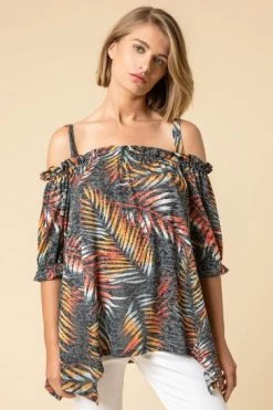 Roman Black Tropical Leaf Print Cold Shoulder Top 11 Roman Black Tropical Leaf Print Cold Shoulder Top -Roman Sales Shop unnamed file 7345