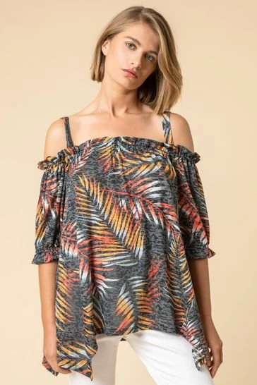 Roman Black Tropical Leaf Print Cold Shoulder Top 7 Roman Black Tropical Leaf Print Cold Shoulder Top - Image 5