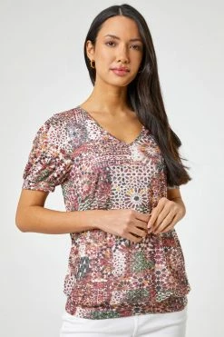 Roman Red Geo Print Puff Sleeve Blouson Top