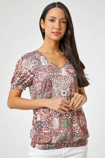 Roman Red Geo Print Puff Sleeve Blouson Top 7 Roman Red Geo Print Puff Sleeve Blouson Top - Image 5