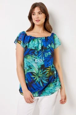 Roman Blue Curve Tropical Print Bardot Top