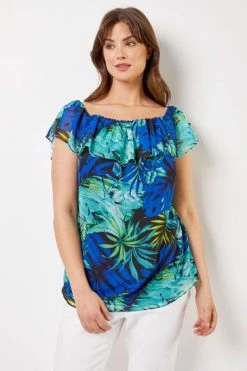 Roman Blue Curve Tropical Print Bardot Top -Roman Sales Shop unnamed file 7370