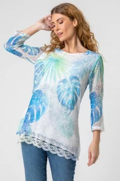 Roman Blue Lace Trim Overlay Tropical Leaf Top