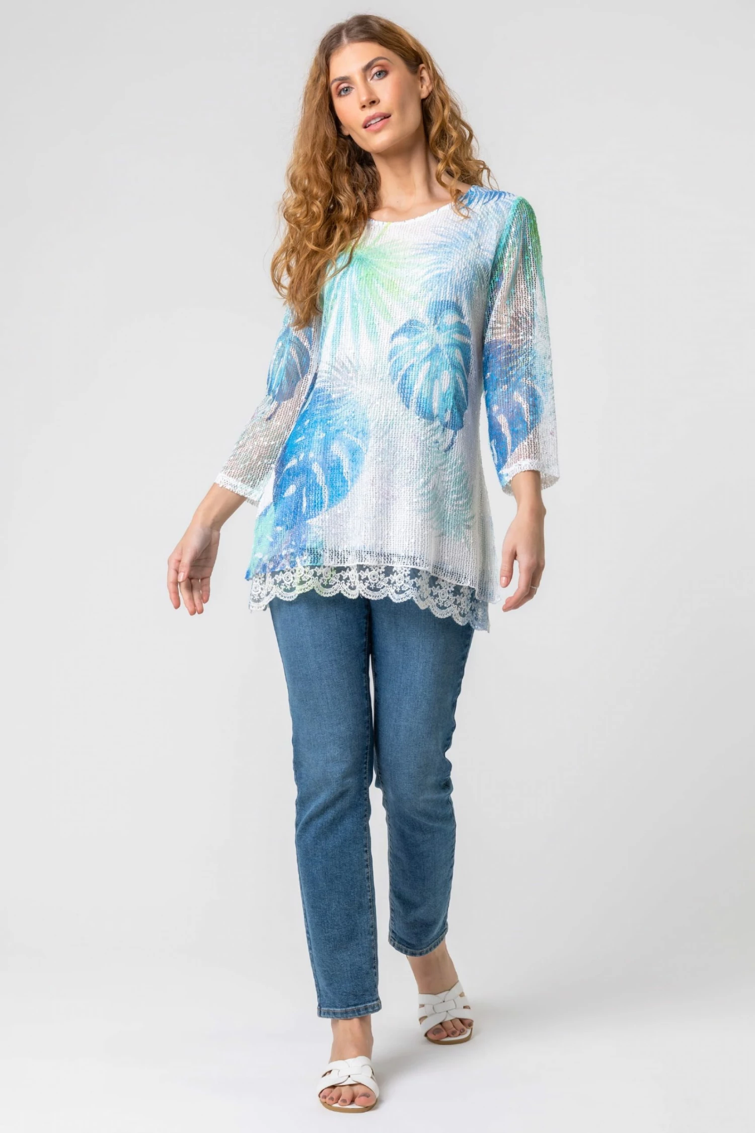 Roman Blue Lace Trim Overlay Tropical Leaf Top 5 Roman Blue Lace Trim Overlay Tropical Leaf Top - Image 3