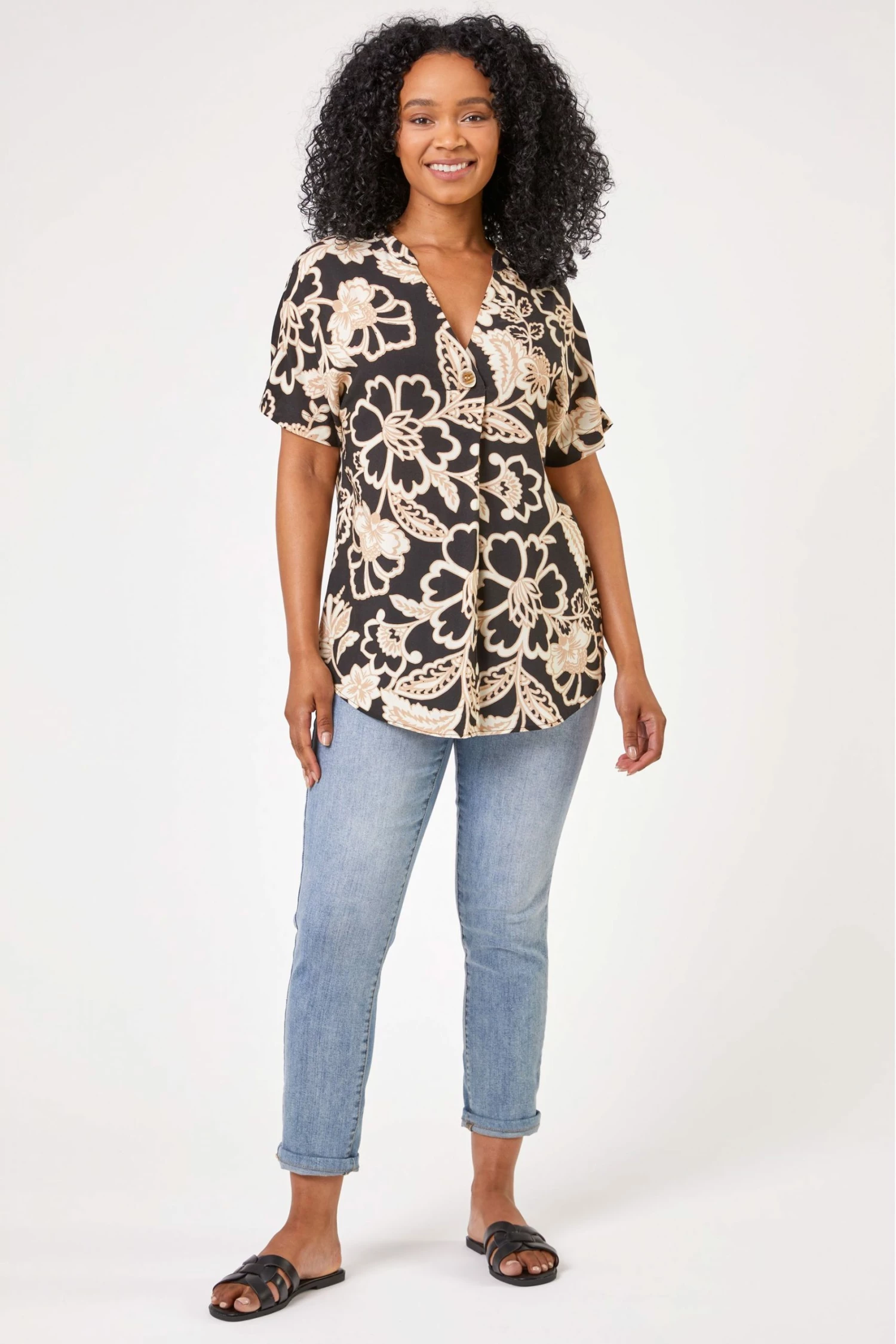 Roman Black Petite Floral Print Notch Neck Top 4 Roman Black Petite Floral Print Notch Neck Top - Image 2