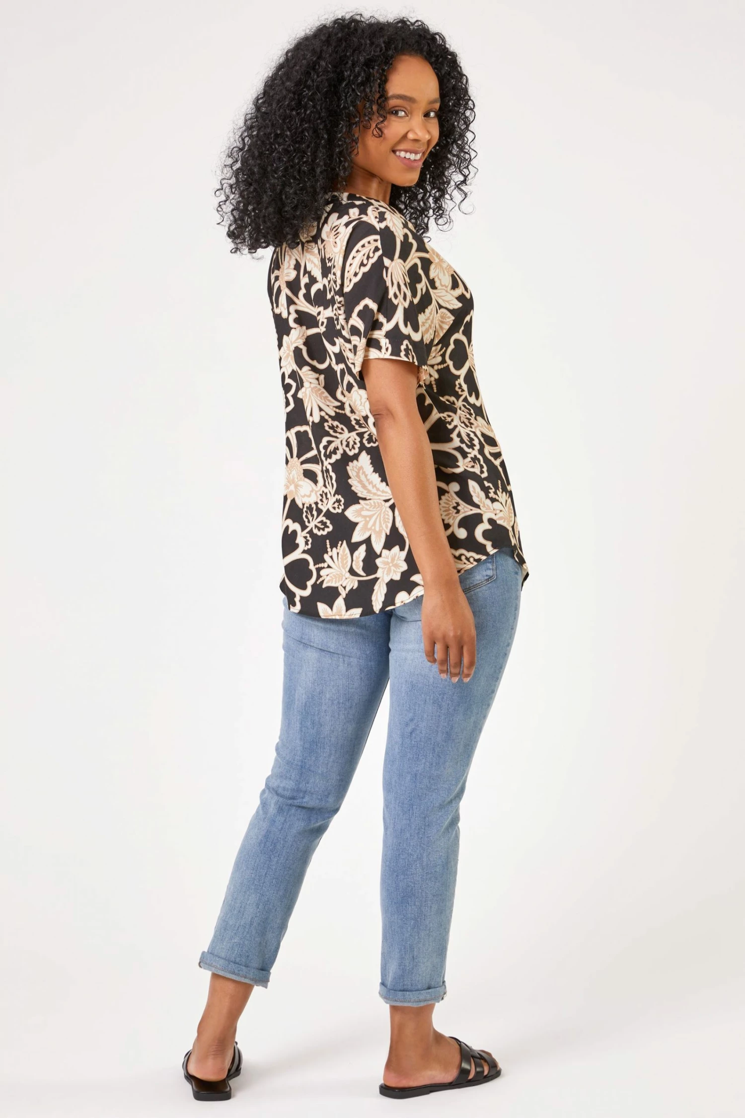 Roman Black Petite Floral Print Notch Neck Top 5 Roman Black Petite Floral Print Notch Neck Top - Image 3