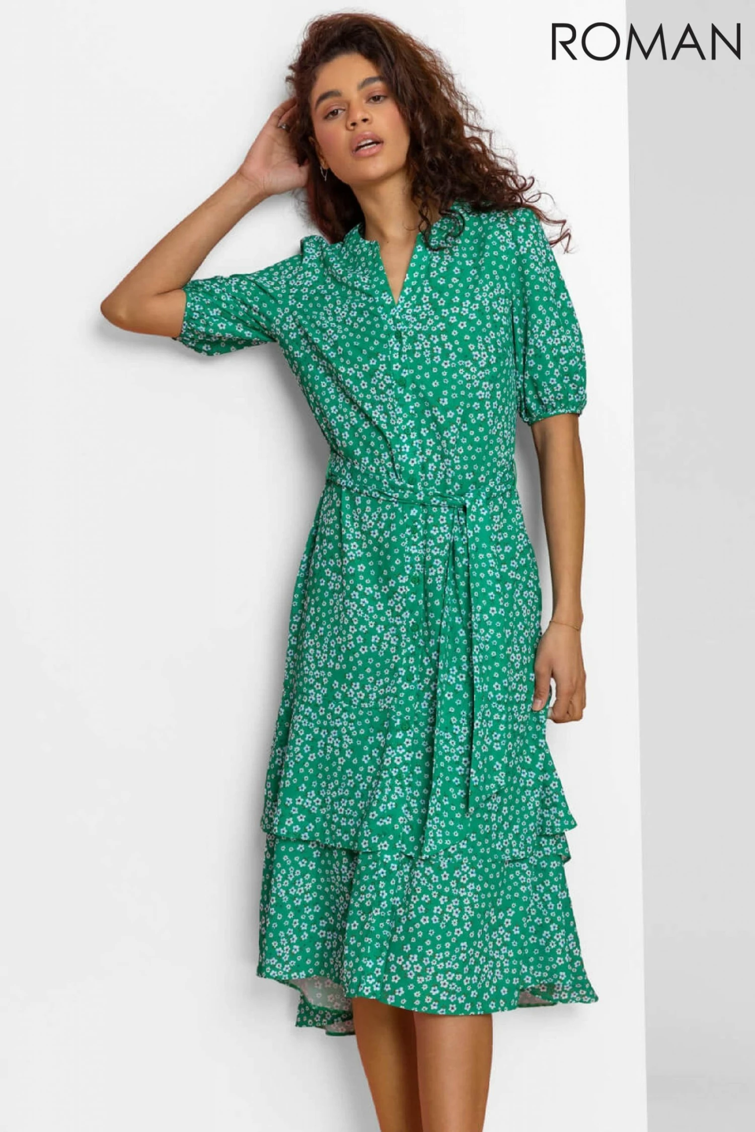 Roman Green Ditsy Floral Frill Hem Midi Dress 3 Roman Green Ditsy Floral Frill Hem Midi Dress