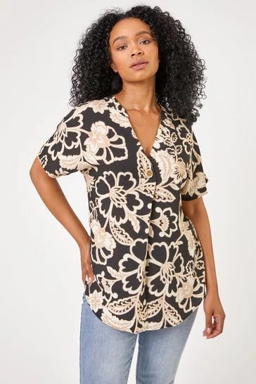 Roman Black Petite Floral Print Notch Neck Top 7 Roman Black Petite Floral Print Notch Neck Top - Image 5