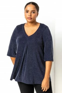 Roman Blue Curve Sparkle V-Neck Top