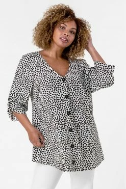 Roman Black Curve Ditsy Spot Button Through Top