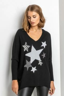 Roman Black Sparkle Star Embellished Comfy Top