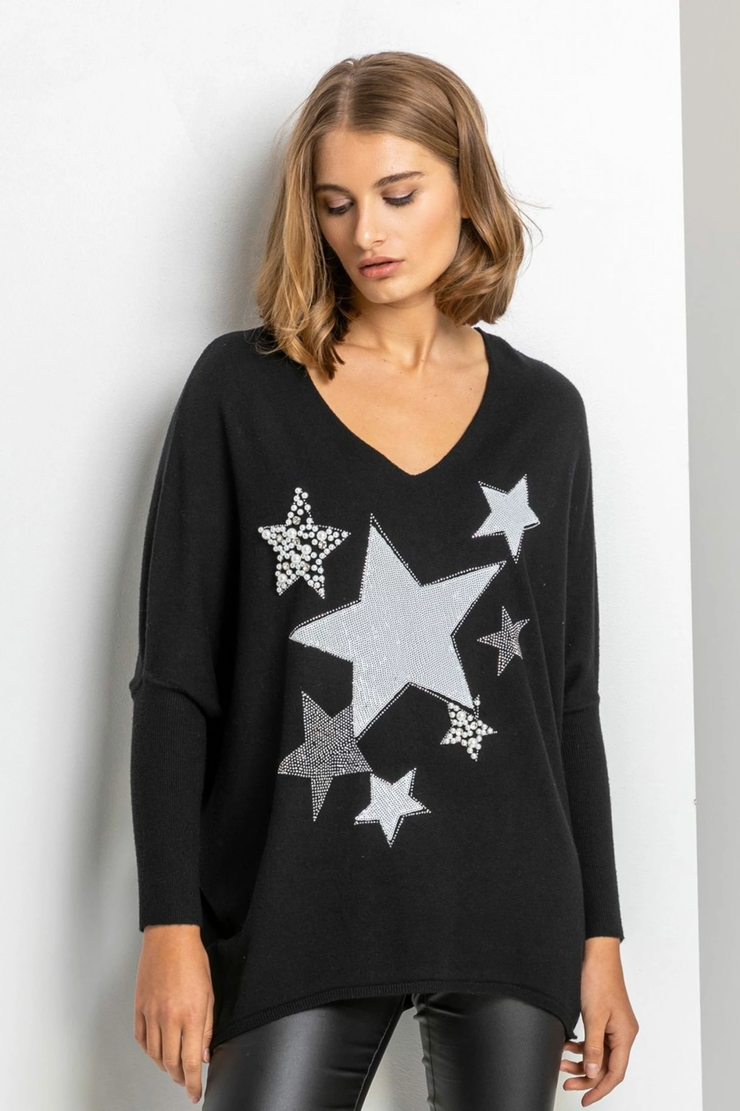 Roman Black Sparkle Star Embellished Comfy Top 3 Roman Black Sparkle Star Embellished Comfy Top