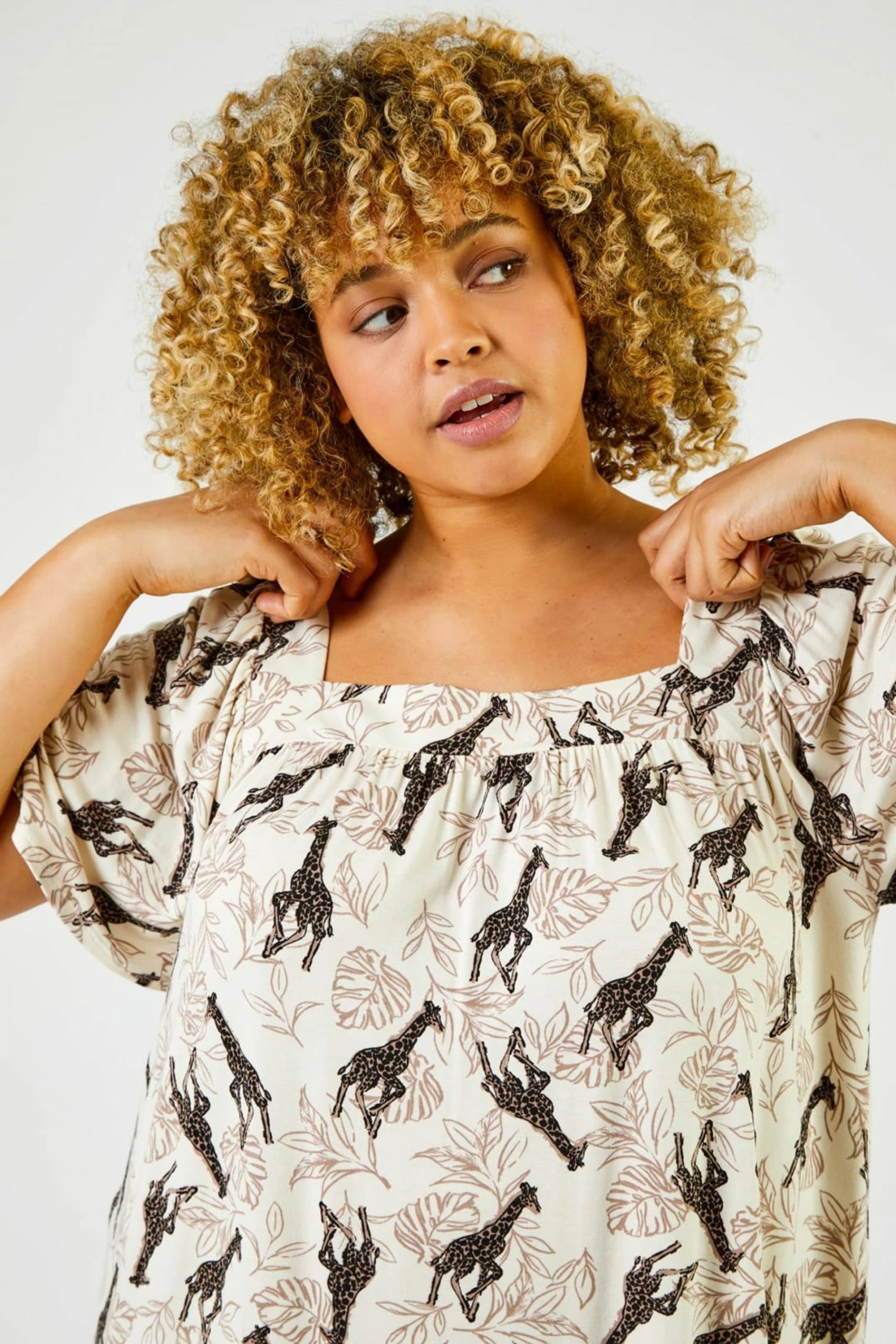 Roman Cream & Brown Curve Animal Print Square Neck Top 6 Roman Cream & Brown Curve Animal Print Square Neck Top - Image 4