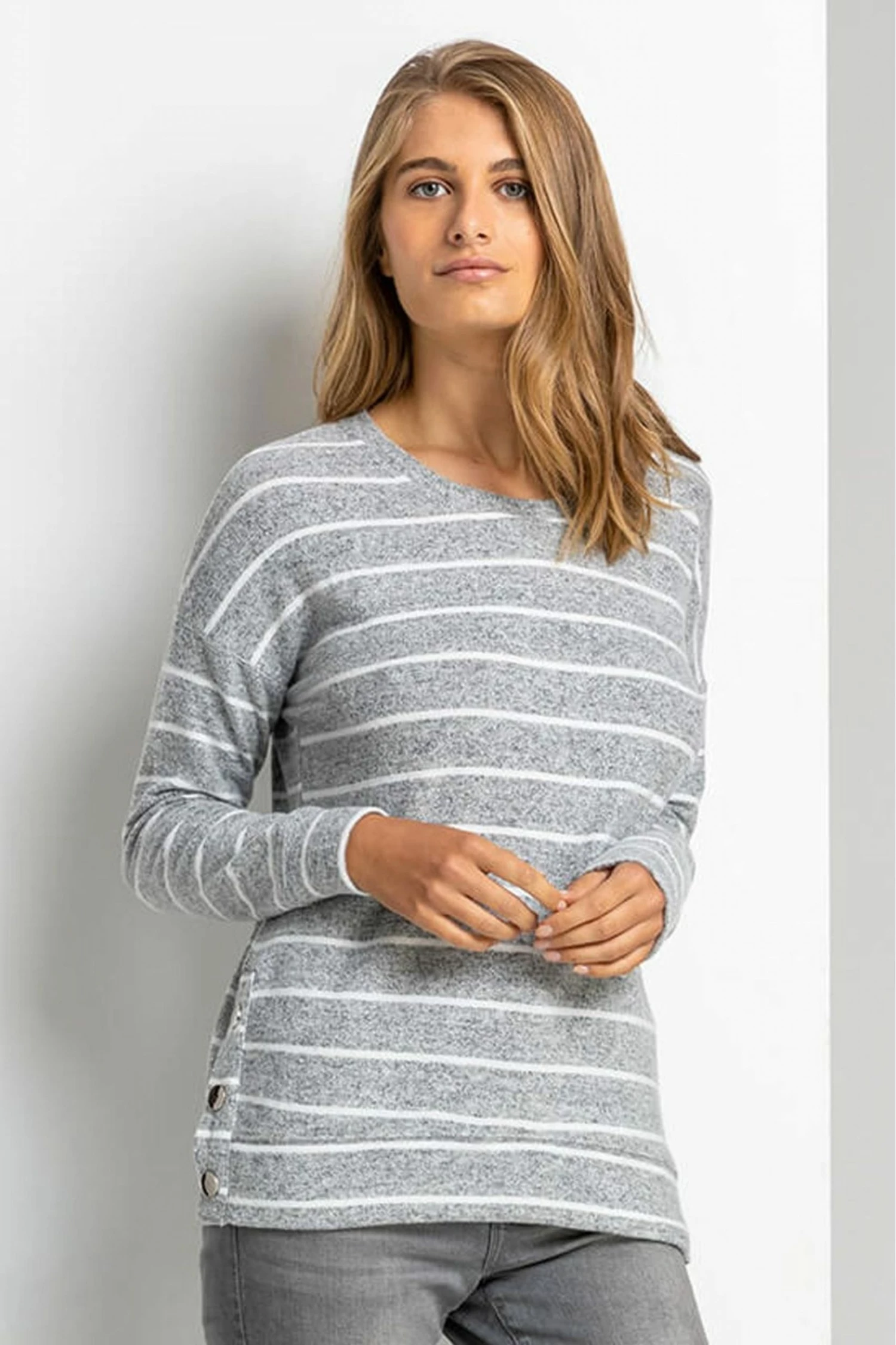 Roman Grey Stripe Print Button Detail Top 3 Roman Grey Stripe Print Button Detail Top
