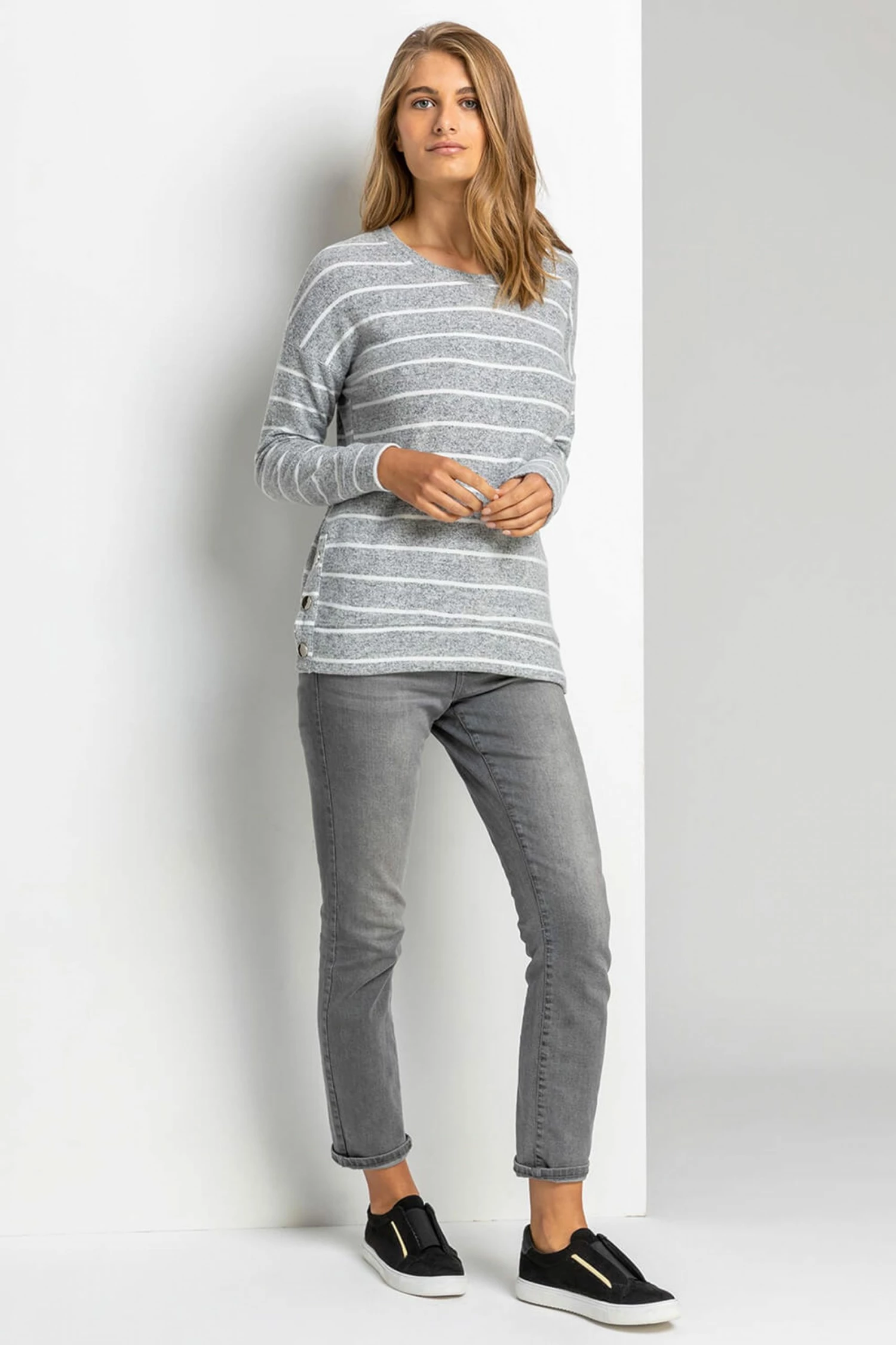 Roman Grey Stripe Print Button Detail Top 4 Roman Grey Stripe Print Button Detail Top - Image 2
