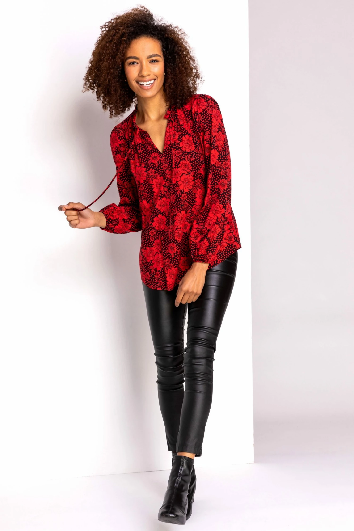 Roman Red Floral Spot Tie Neck Blouse 5 Roman Red Floral Spot Tie Neck Blouse - Image 3