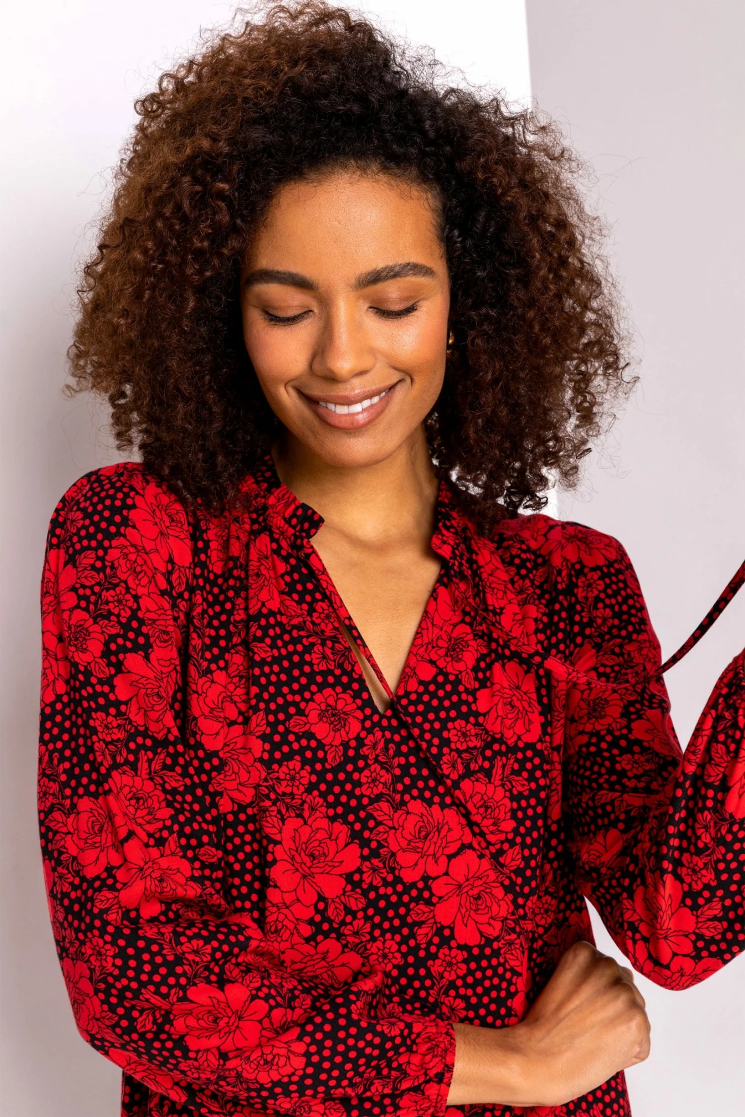 Roman Red Floral Spot Tie Neck Blouse 6 Roman Red Floral Spot Tie Neck Blouse - Image 4