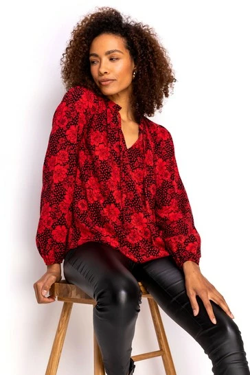Roman Red Floral Spot Tie Neck Blouse 7 Roman Red Floral Spot Tie Neck Blouse - Image 5