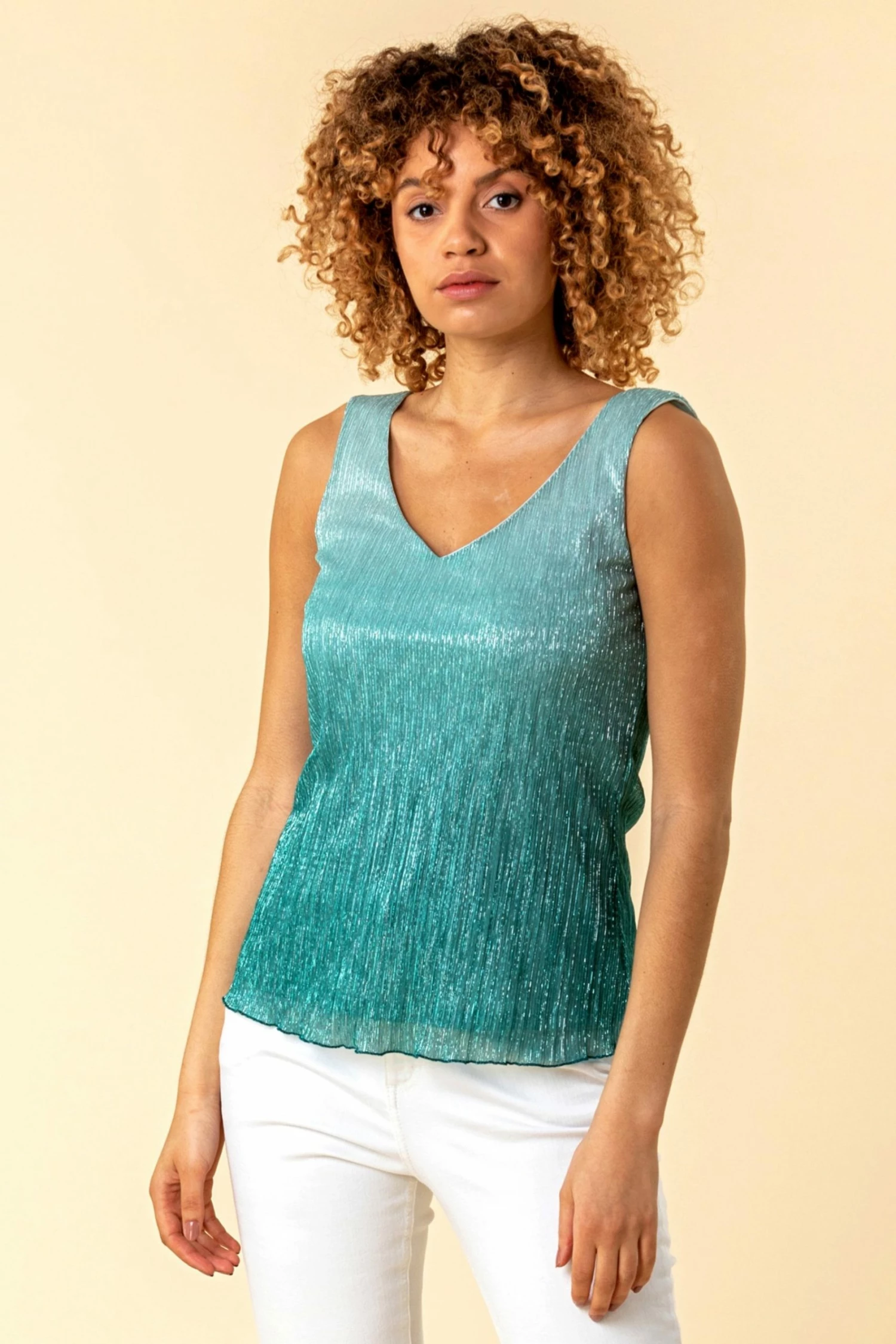 Roman Blue Plisse Ombre V-Neck Vest Top 3 Roman Blue Plisse Ombre V-Neck Vest Top