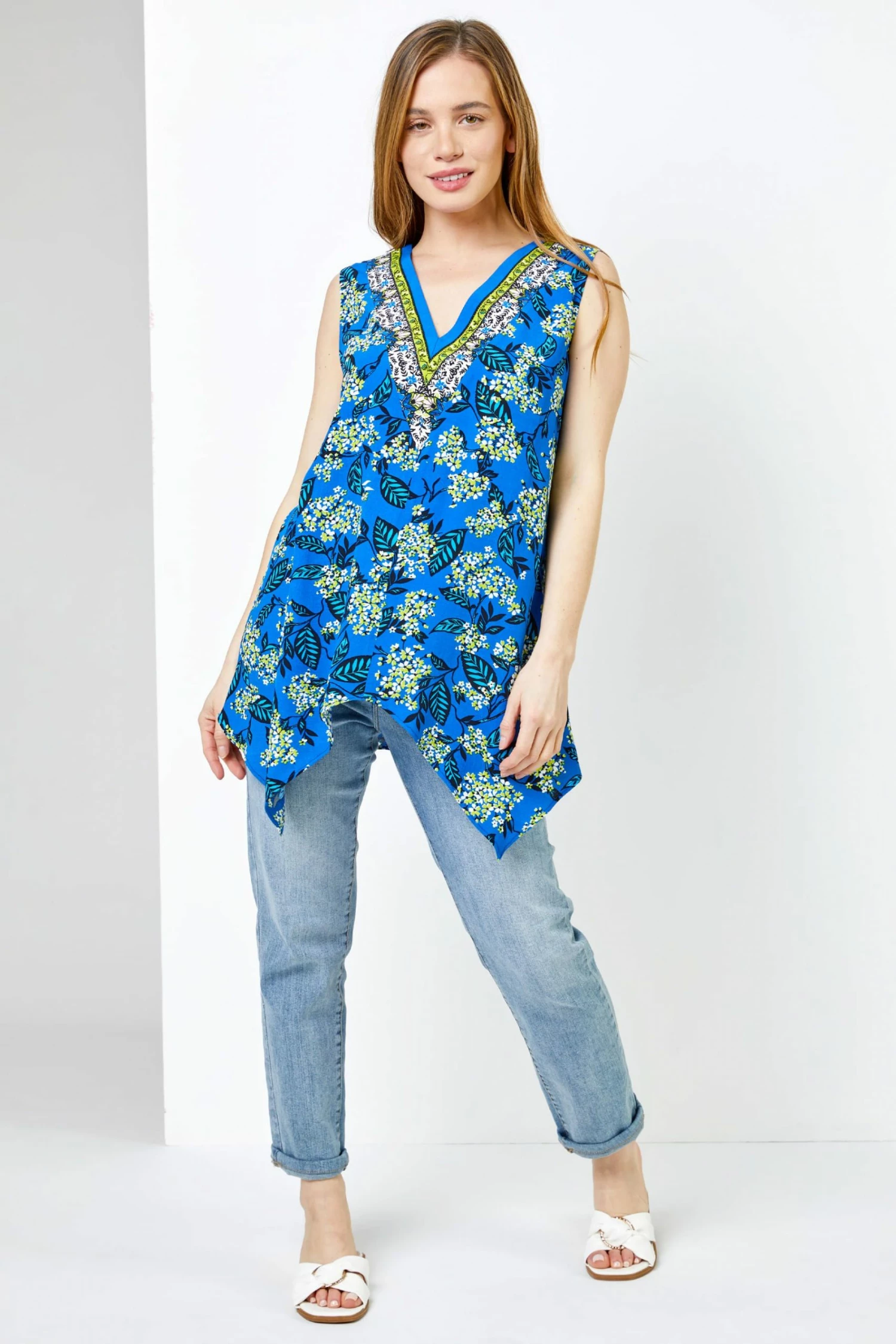 Roman Blue Petite Floral Print Hanky Hem Top 5 Roman Blue Petite Floral Print Hanky Hem Top - Image 3