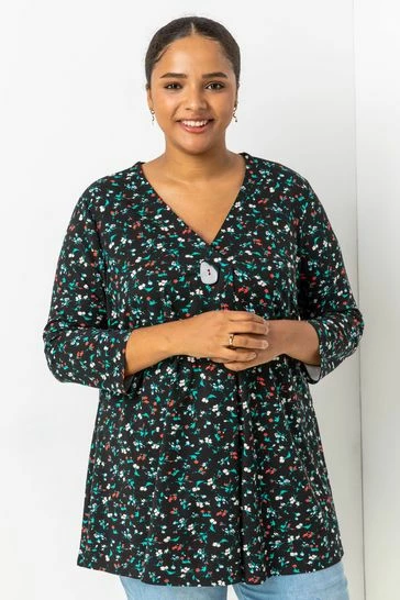 Roman Black Curve Floral Print Button Detail Top 7 Roman Black Curve Floral Print Button Detail Top - Image 5