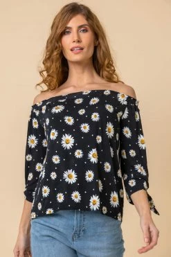Roman Black Daisy Print Tie Detail Bardot Top