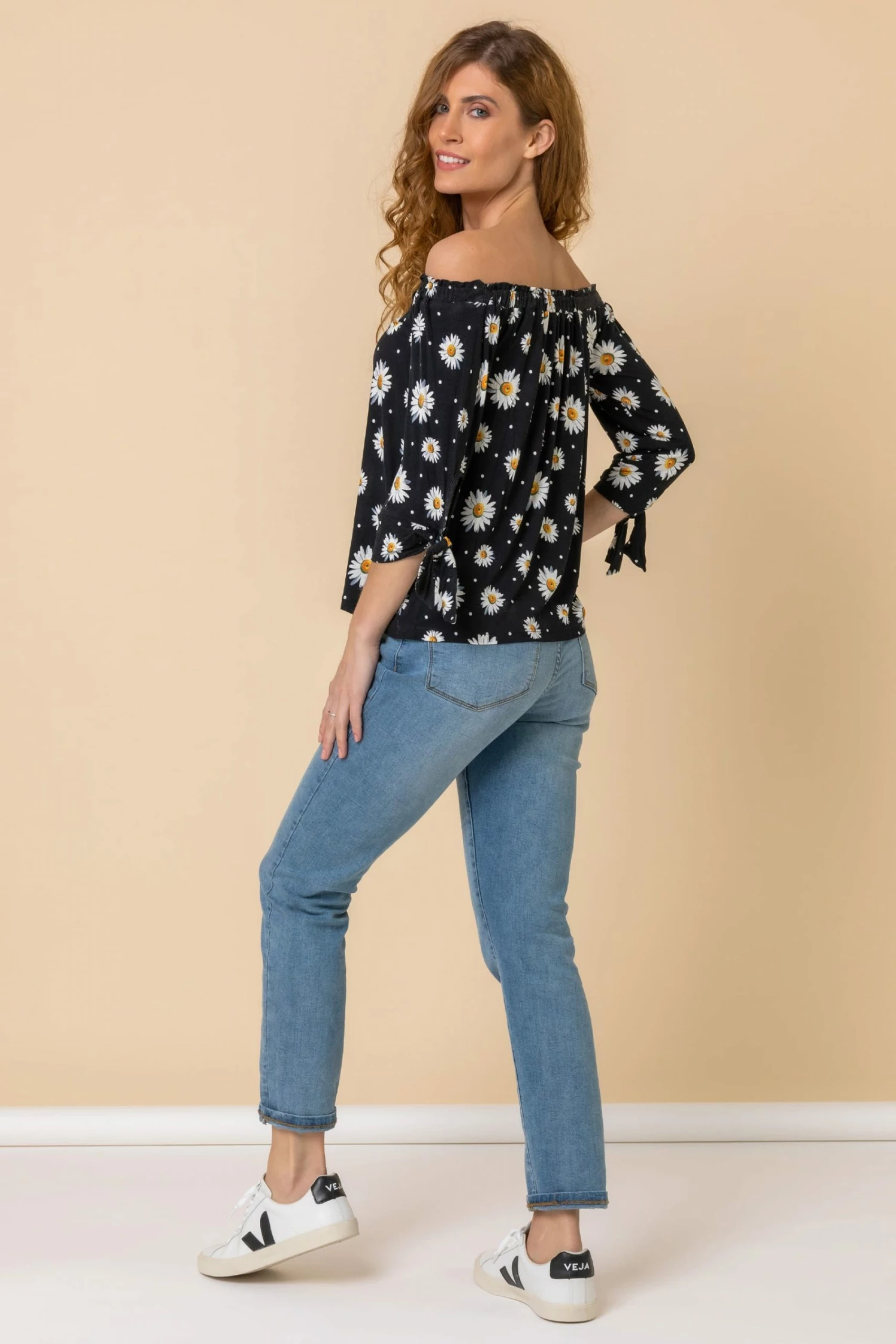 Roman Black Daisy Print Tie Detail Bardot Top 4 Roman Black Daisy Print Tie Detail Bardot Top - Image 2