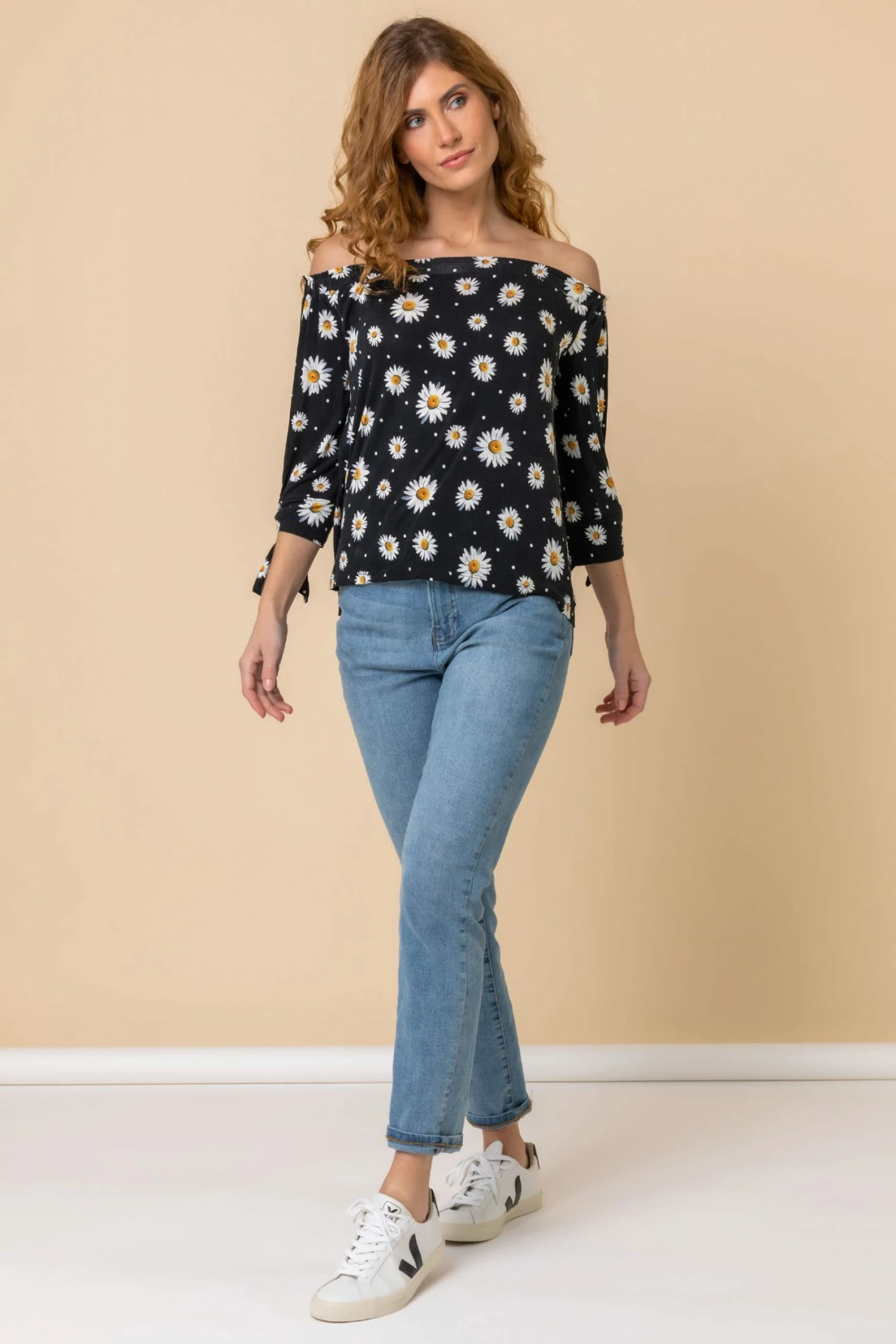 Roman Black Daisy Print Tie Detail Bardot Top 5 Roman Black Daisy Print Tie Detail Bardot Top - Image 3