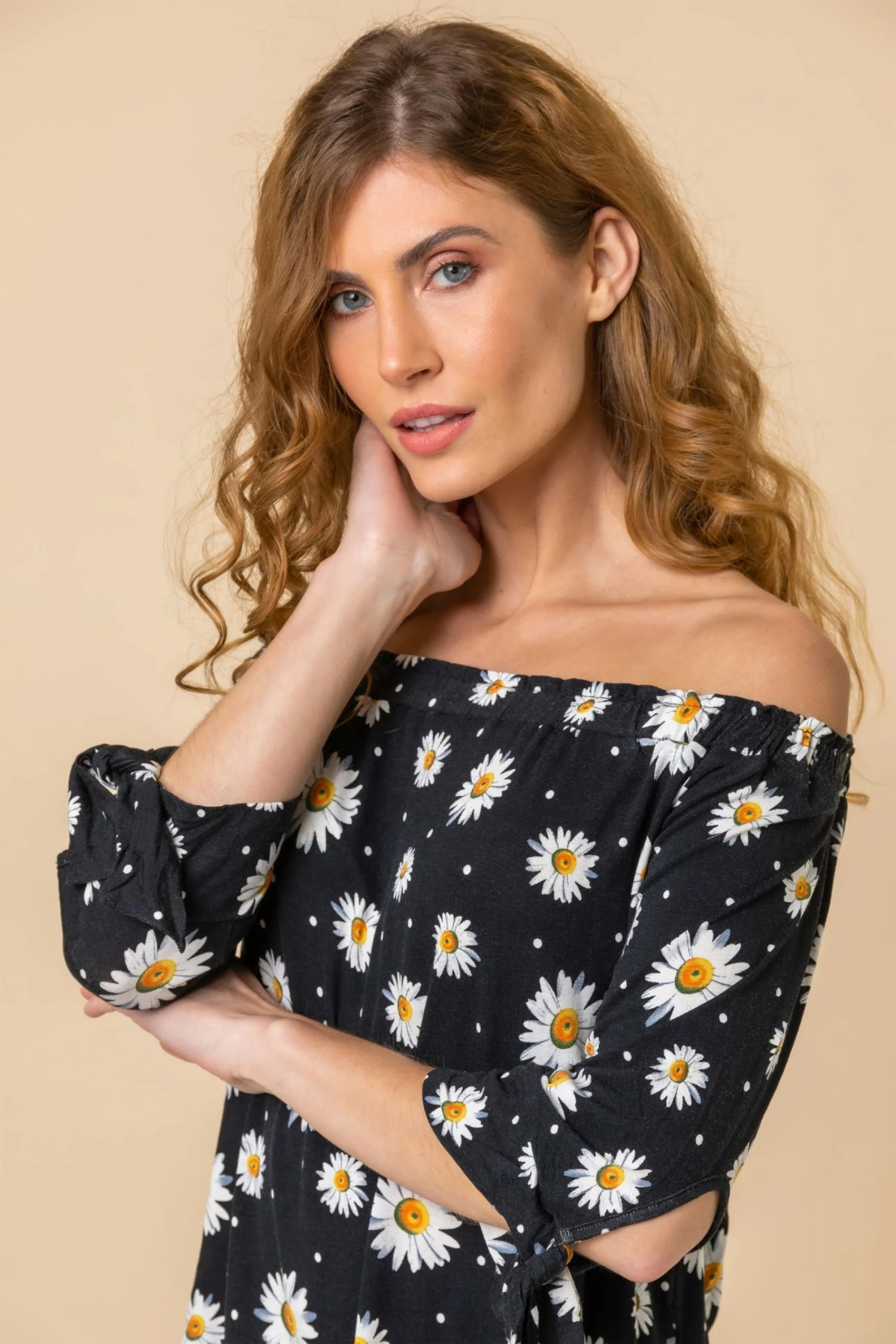 Roman Black Daisy Print Tie Detail Bardot Top 6 Roman Black Daisy Print Tie Detail Bardot Top - Image 4