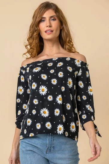 Roman Black Daisy Print Tie Detail Bardot Top 7 Roman Black Daisy Print Tie Detail Bardot Top - Image 5